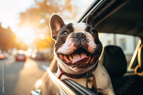 Happy dog traveling with head out of the car window in summer sunny day. © julijadmi