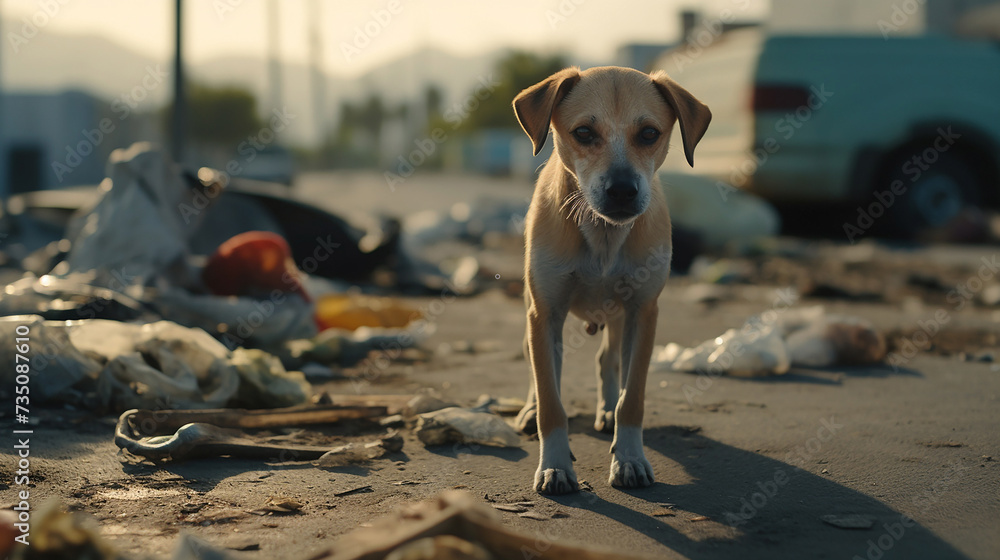Street dog. Stray dog. Outdoor Animal: A little dog sitting on the sidewalk. Homeless puppy, devastation, garbage, road, cars