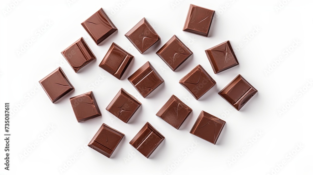 Milk chocolate pieces isolated on white background. Top view