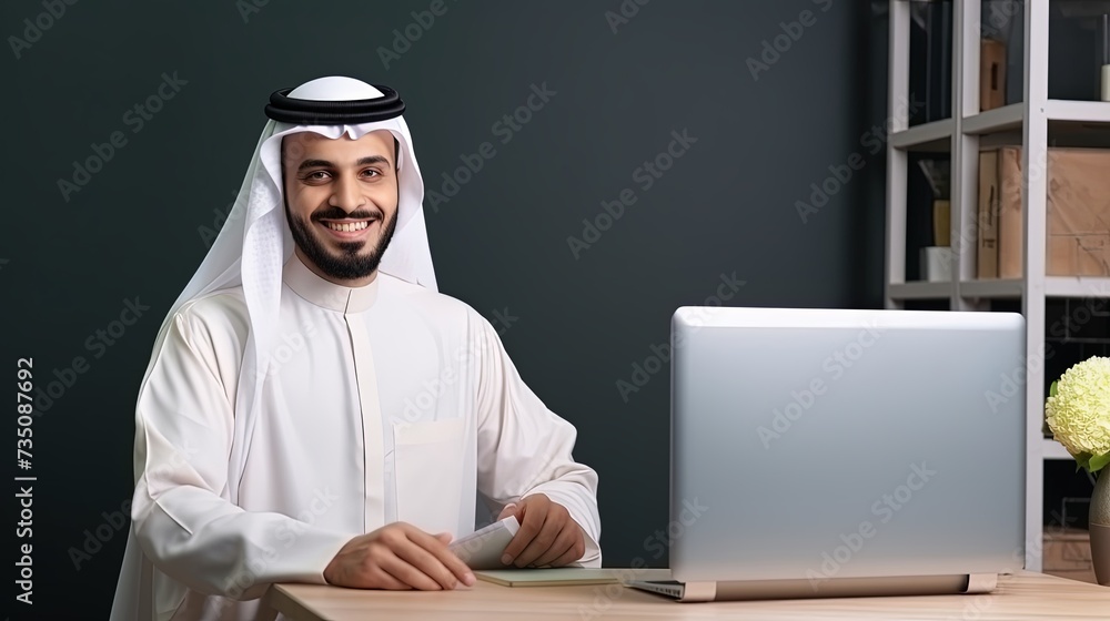 Mock Up Template. Happy Smiling Arab Man Sitting On Desk Posing With Folded Arms Showing Pc Computer With Blank Black Screen At Home Office, Free Copy Space. People, Technology, Remote Work Mock Up Template. Happy Smiling Arab Man Sitting On Desk Posing With Folded Arms Showing Pc Computer With Blank Black Screen At Home Office, Free Copy Space. People, Technology, Remote Work