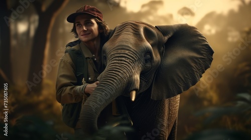 A Man Standing Next to an Elephant in a Forest