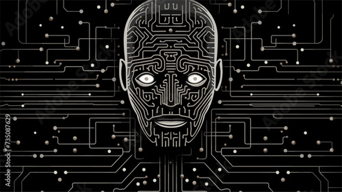 Abstract robotic face with circuit board patterns forming a maze  representing problem-solving in AI. simple Vector Illustration art simple minimalist illustration creative