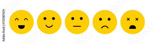 set of yellow rating emoticons, (Very happy-excellent, happy-good, neutral, sad-bad, very sad-very bad emojis) Vector design elements set eps 10. Isolated