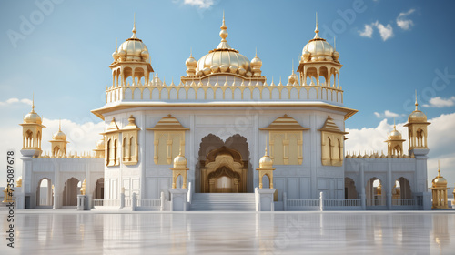 Golden sikh gurudwara and reflection in water on a sunny bright day. Punjabi holy temple artwork.  photo