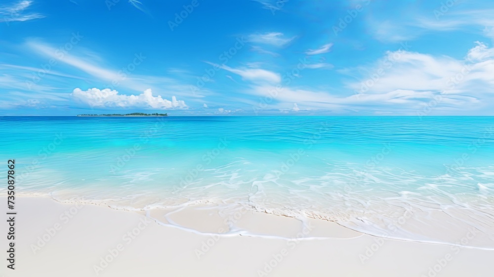 Panorama of beautiful white sand beach and turquoise water in Maldives, summer vacation, beach background.. Waves of the sea on the sandy beach