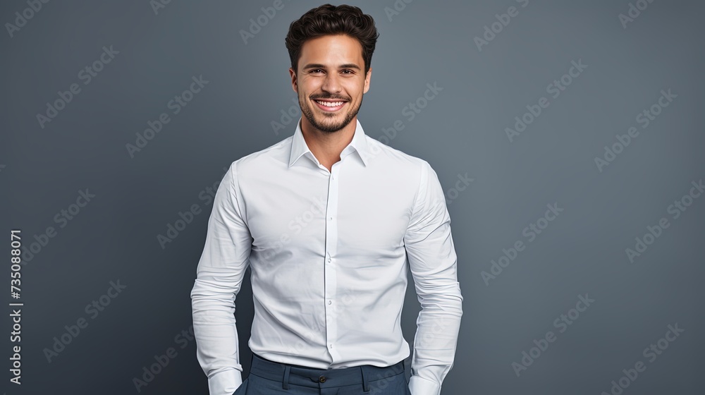 Photo of young macho business man employer meet colleagues corporate seminar friendly smiling arms crossed wear white office shirt pants isolated grey color background Photo of young macho business man employer meet colleagues corporate seminar friendly smiling arms crossed wear white office shirt pants isolated grey color background