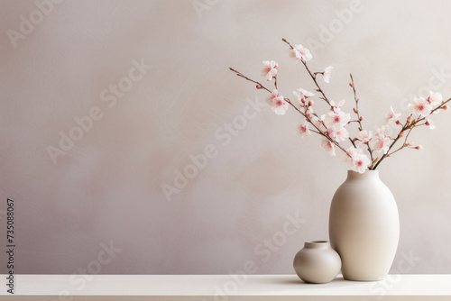 Eucalyptus branch in a modern vase coffee and old books on wooden table Empty mockup of beige wall Elegant living room with Scandinavian minimalist