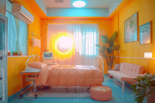 A bright hospital room with cheerful colors and cheerful artwork.
