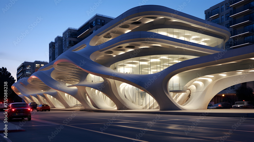 Arafed building with curved windows and a curved roof ,,
Organic architecture of the future Conceptual building in 3d
