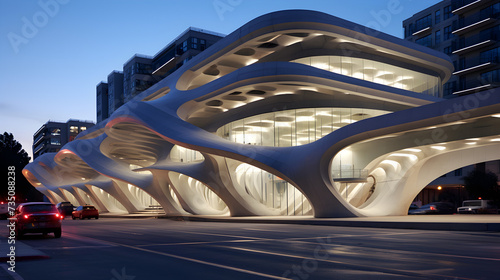Arafed building with curved windows and a curved roof ,, Organic architecture of the future Conceptual building in 3d 