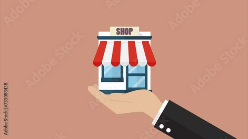 Businessman hand holding a shop store motion. 4k video animated