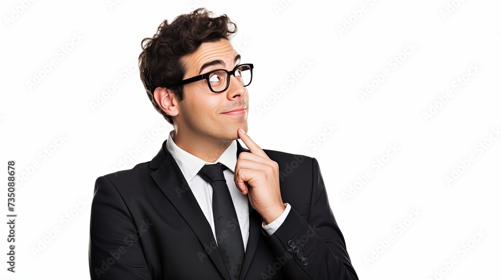 Portrait of a happy businessman in eyeglasses pointing finger away over white background Portrait of a happy businessman in eyeglasses pointing finger away over white background