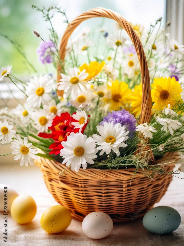 Wicker basket with flowers and easter eggs, still life composition.