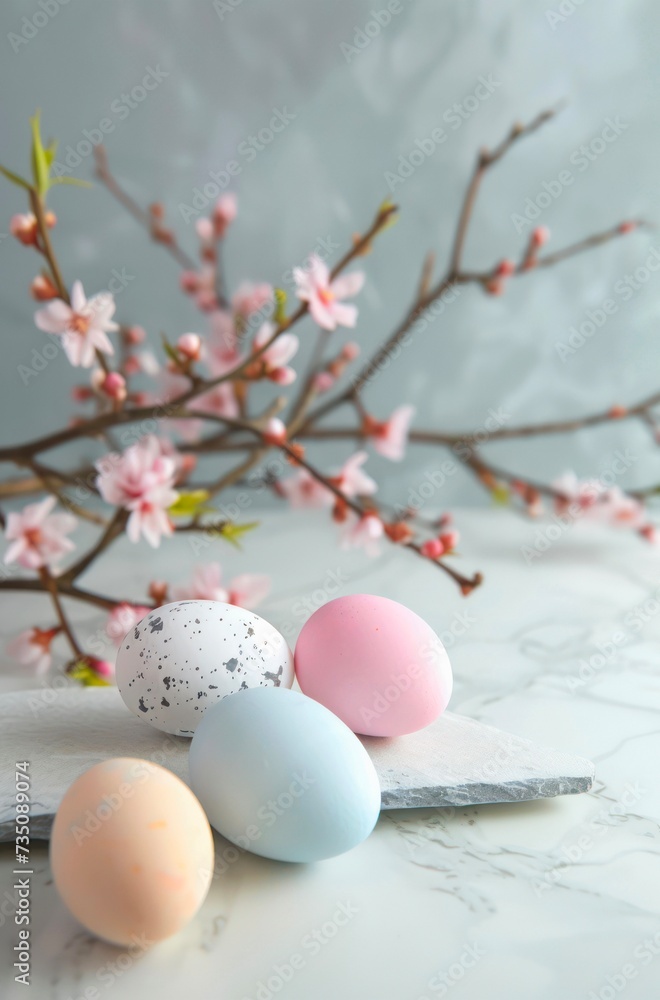 Colored easter eggs and branch with flowers, still life composition.