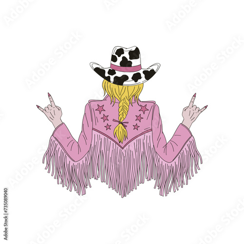 Groovy blond cowgirl from the back in a cow spotted hat and pink leather jacket with fringe vector illustration isolated on white. Retro disco 60s 70s 80s wild west fashion print poster postcard