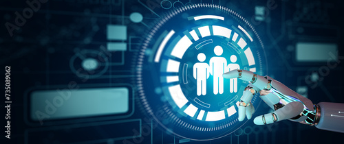 Ai Robot hand pointing HR Futuristic. Artificial intelligence with Human Resources, HR management, Recruitment, Employment, Headhunting, Human social network, and Leadership Concept.