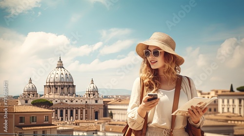 Rome Europe Italia summer tourism vacation holiday background smiling girl with cell phone camera and map in hand standing on a hill looking in the Vatican cathedral