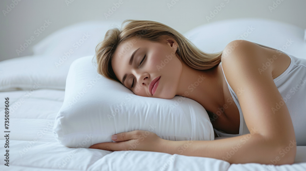 Beautiful Attractive woman sleep and sweet dream lying on bed in cozy bedroom in morning feeling so relax and comfortable. Healthy Young female sleep with bedtime at home. Healthcare Concept Beautiful Attractive woman sleep and sweet dream lying on bed in cozy bedroom in morning feeling so relax and comfortable. Healthy Young female sleep with bedtime at home. Healthcare Concept