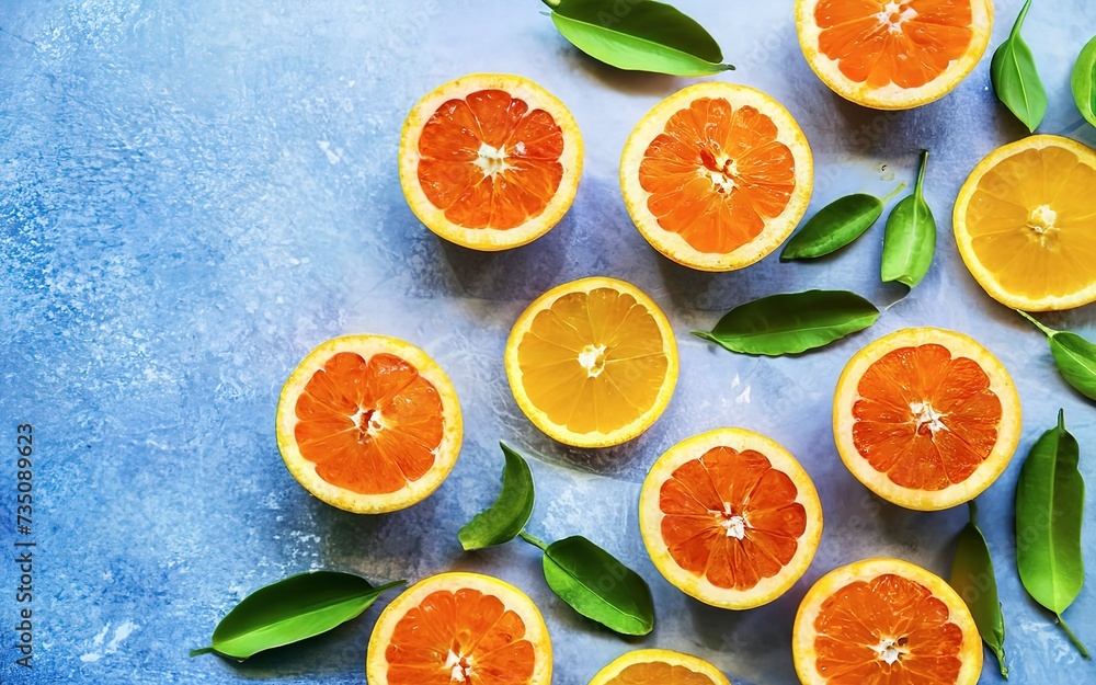 Orange. Top of view cut fresh oranges on a blue table. Orange. Top of view cut fresh oranges on a blue table.