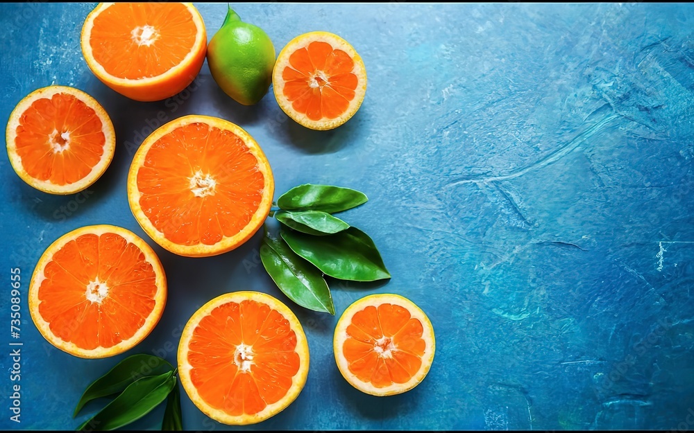 Orange. Top of view cut fresh oranges on a blue table. Orange. Top of view cut fresh oranges on a blue table.