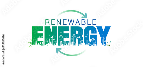 Vector illustration of Renewable and sustainable energy background. Green energy evolution. Banner poster concept. Innovative solar, wind, water dam and bio Green energy with city skyline.