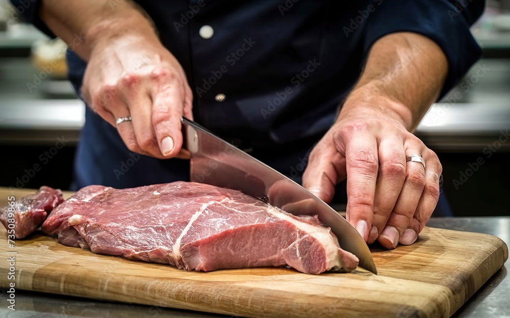 Professional cutlery used by a chef to cut red meat on a chopping board.