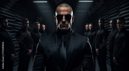 images of man spectacled in a black formal suit various poses Business success failure luck lot of men suits men Black respectable and serious many background main one in the center the head of group