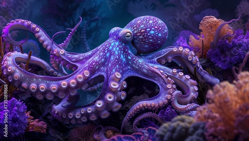 Stunning ai-generated octopus in vibrant underwater scene. artistic marine life depiction, perfect for aquariums and educational materials. AI © Irina Ukrainets