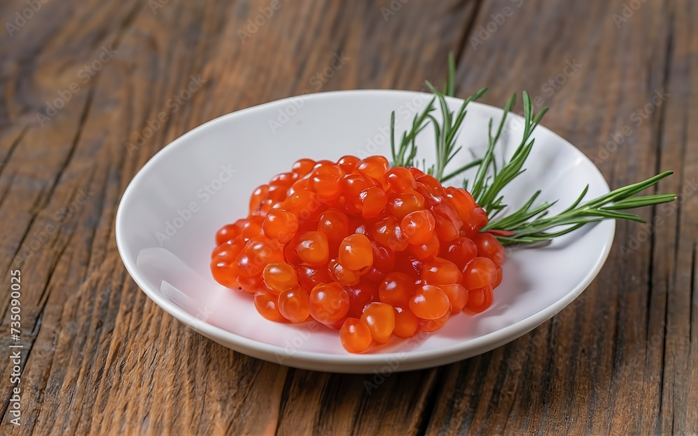 red caviar on a white plate with herbs on wooden table red caviar on a white plate with herbs on wooden table