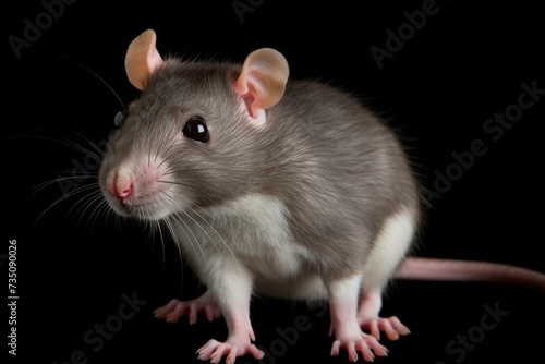 A rat standing with front paws down, gazing at camera with grey background, white border, and black outline. Generative AI