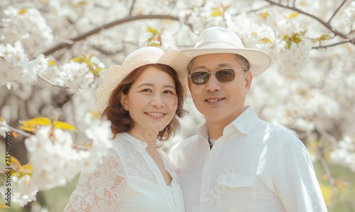 Cute asian cheerful middle aged retiree senior couple in white clothes in spring park standing close smiling happily at camera in a park blooming with white flowers in white hats