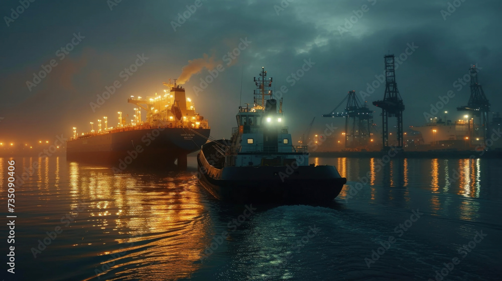 A sleek electricpowered tugboat guides a large oil tanker into port showcasing the shift towards more environmentally friendly transportation ods.