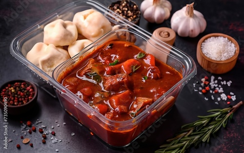 Savory and delicious deer venison goulash stew packed in portable take away plastic box