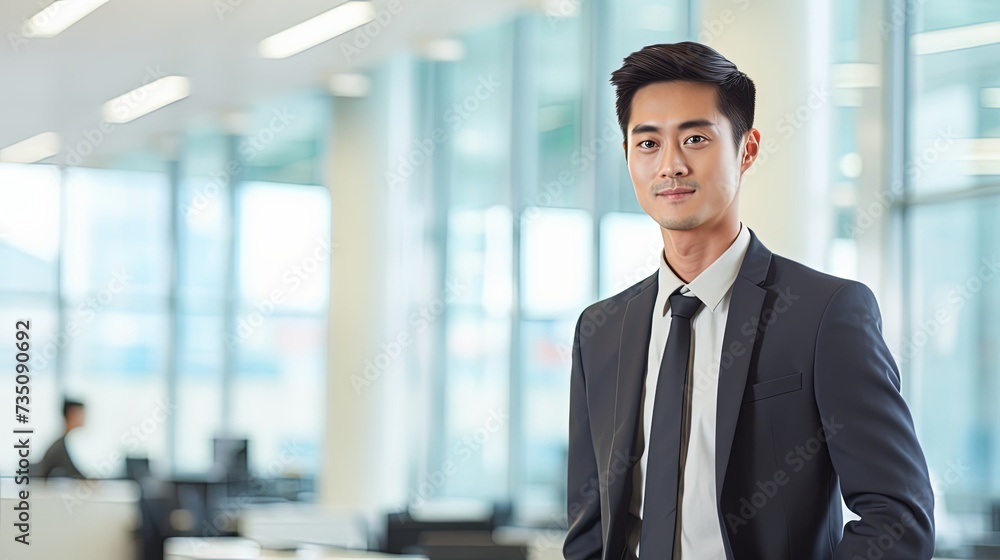 Well dressed young Asian businessman smiling confidently while standing alone in a bright modern office Well dressed young Asian businessman smiling confidently while standing alone in a bright modern office