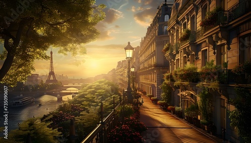 Romantic parisian street at sunset  eiffel tower view  warm light and cozy atmosphere. ideal for travel and postcards. AI