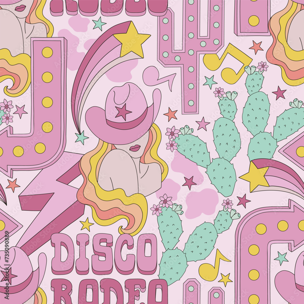 Groovy wild west cowgirl disco rodeo party vector seamless pattern. Light bulb arrow and cactus sign, woman with long curly blond hair style in a pink sheriff hat, pink electric lightning thunderbolt