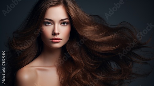 Woman with beauty long brown hair - posing at studio