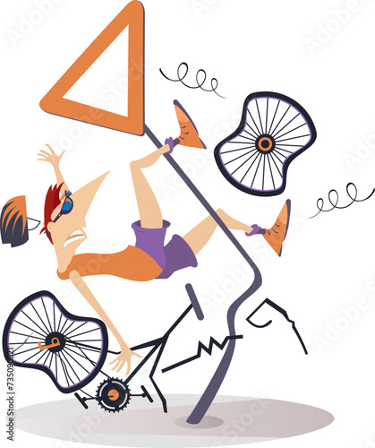 Bicycle accident. Falling down cyclist.
Cyclist smashed into a road sign
