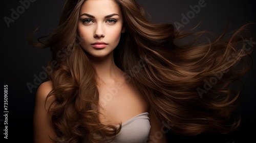 Woman with beauty long brown hair - posing at studio