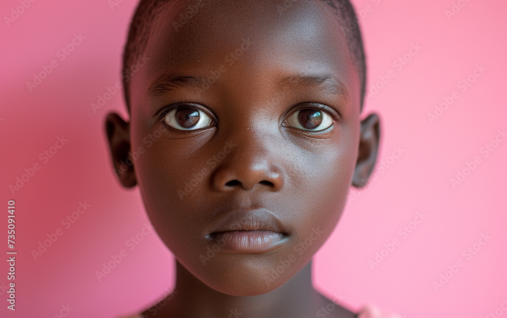 This photograph showcases a close-up view of a multiracial individual against a vibrant pink background. This photograph showcases a close-up view of a multiracial individual against a vibrant pink background.