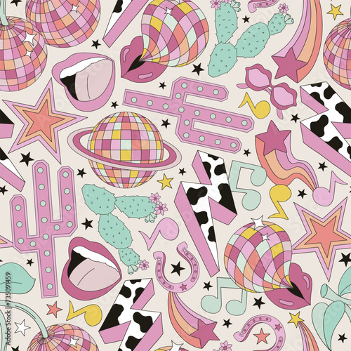 Groovy wild west cowgirl disco party vector seamless pattern. Light bulb cactus sign, singing woman mouth, disco ball in the form of cherry, planet saturn, gum buble, shooting star, electric lightning