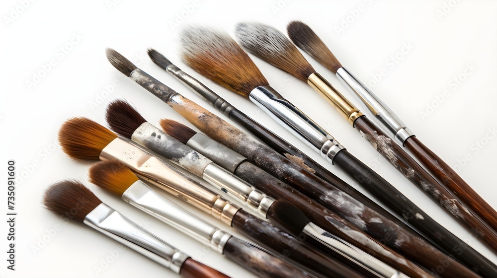 Assortment of Used Paint Brushes on White Background Assortment of Used Paint Brushes on White Background