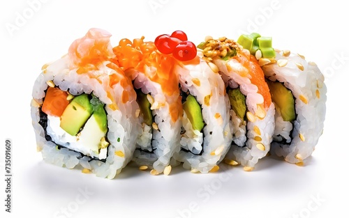 Sushi california roll different types isolated on white background.