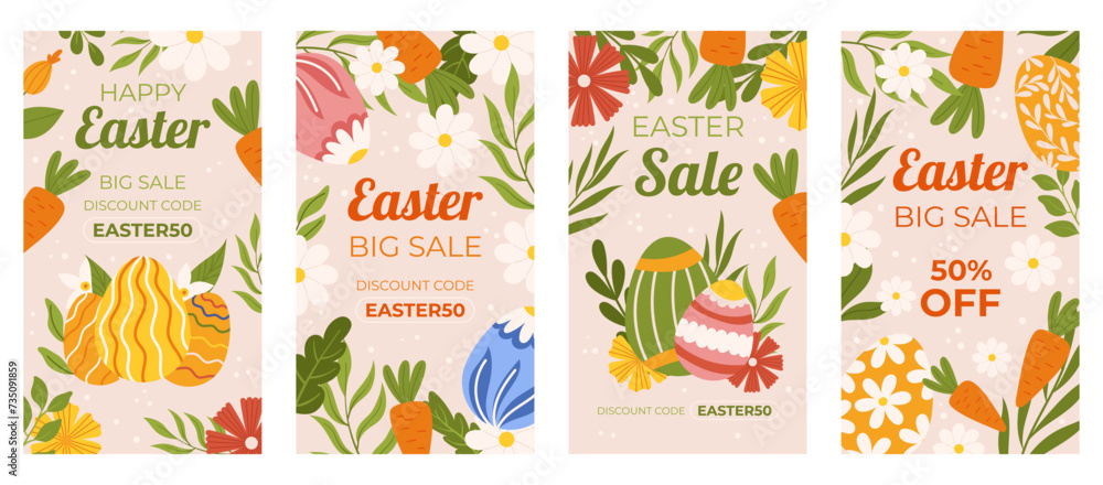 Easter promotion collection of vertical social media template. Design with carrots and flowers, painted eggs. Hand drawn Spring sale set