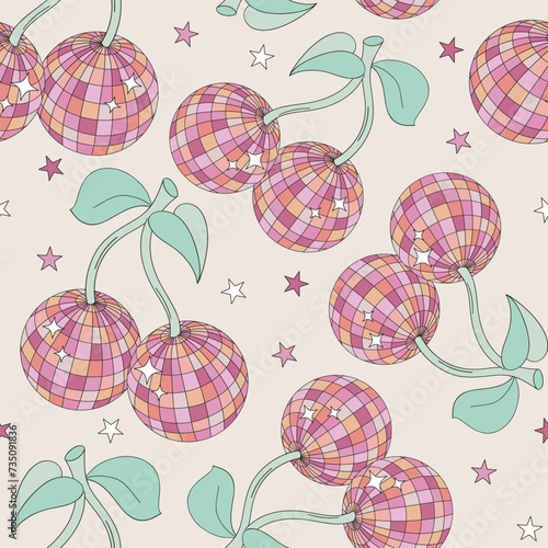 Groovy sparkling cherry berry shape mirror disco ball vector seamless pattern. Retro party 60s 70s 80s cowgirl disco background.