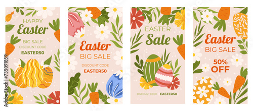 Easter promotion collection of vertical social media template. Design with carrots and flowers  painted eggs. Hand drawn Spring sale set