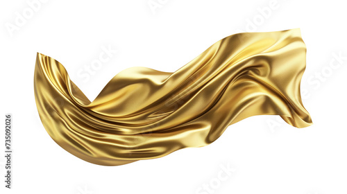 A golden silk fabric cloth material flying in the wind isolated on a white or transparent background. PNG. 3D golden luxury silk cloth. Waving satin cloth. 
