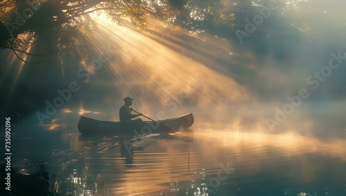 Serene lake scene with canoe and rays of sunlight through misty trees. a peaceful morning adventure captured in nature. AI