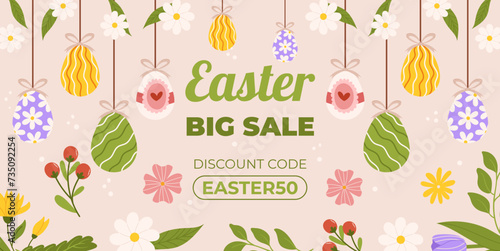 Easter sale horizontal background template for promotion. Design with painted eggs, flowers and carrots. Spring seasonal advertising. Hand drawn flat vector illustration.