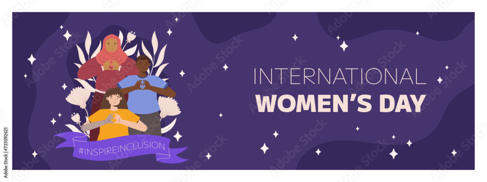 Fototapeta premium IWD Inspire Inclusion campaign, International Women's Day 2024 Horizontal banner template features a diversity of women making heart gesture with their hands. Vector illustration flat style